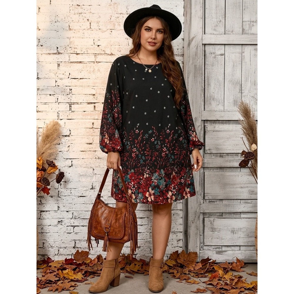Dark Floral Boho Long Balloon Sleeve Shift Dress Plus Size 2XL Whimsigoth Fall